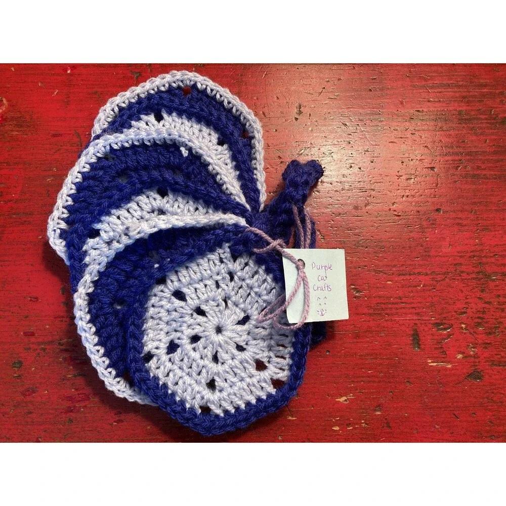 PURPLE CAT CRAFTS Handmade Crocheted Coasters Lot of 6 Blue White